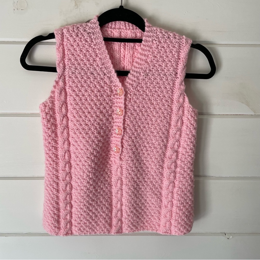 Handmade Pink Cable Knit Button Up Sweater Vest Cottagecore Women's S/M